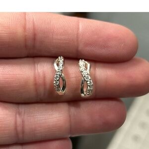 Vintage Sterling Silver Crescent Stud Earrings Pave Stones 1/2"